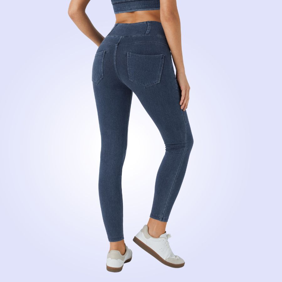FlexFrame™ High Waisted Crossover Multiple Pockets Stretchy Knit Denim Work Leggings
