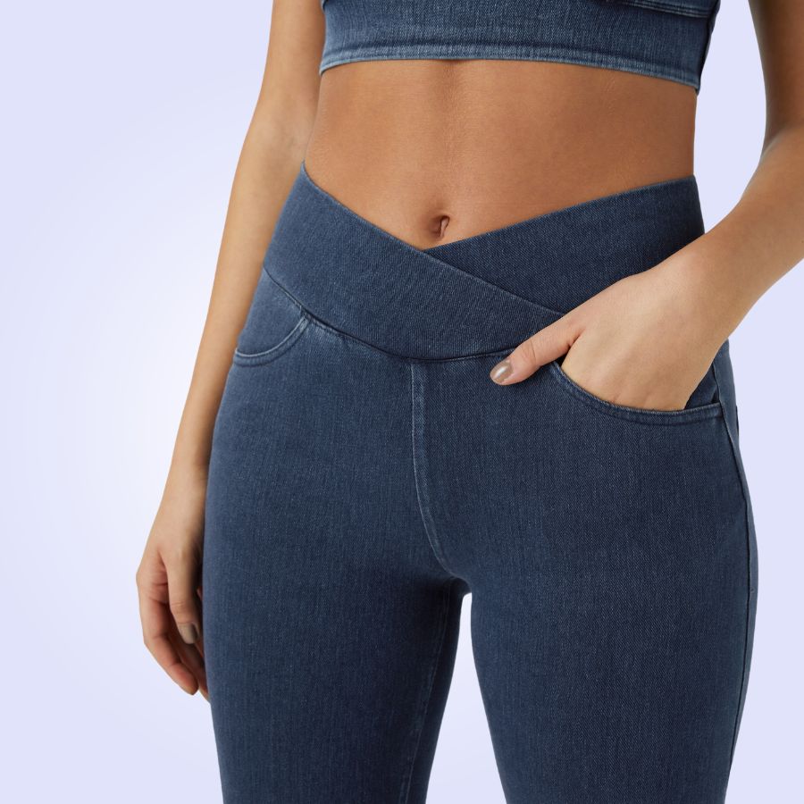 FlexFrame™ High Waisted Crossover Multiple Pockets Stretchy Knit Denim Work Leggings