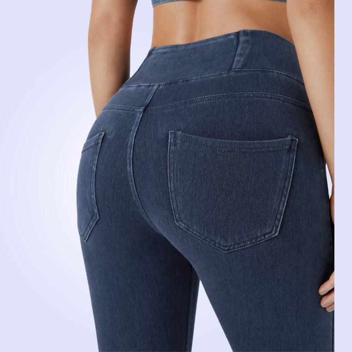FlexFrame™ High Waisted Crossover Multiple Pockets Stretchy Knit Denim Work Leggings