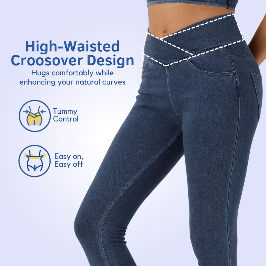 FlexFrame™ High Waisted Crossover Multiple Pockets Stretchy Knit Denim Work Leggings