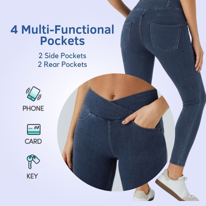 FlexFrame™ High Waisted Crossover Multiple Pockets Stretchy Knit Denim Work Leggings