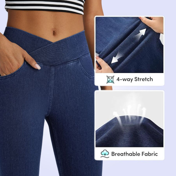 FlexFrame™ High Waisted Crossover Multiple Pockets Stretchy Knit Denim Work Leggings