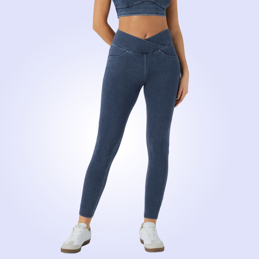 FlexFrame™ High Waisted Crossover Multiple Pockets Stretchy Knit Denim Work Leggings