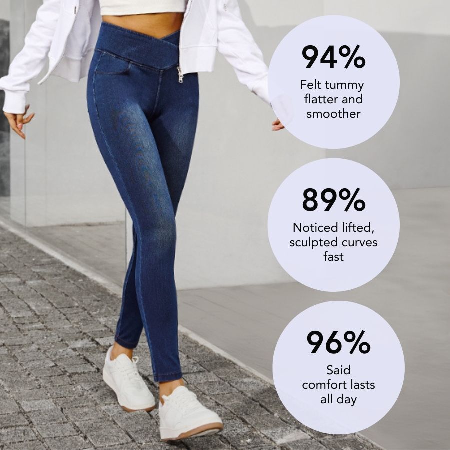 FlexFrame™ High Waisted Crossover Multiple Pockets Stretchy Knit Denim Work Leggings